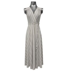 Calvin Klein Womens Sz 2 Grey White Striped‎ Wrap Maxi Dress Preppy Costal